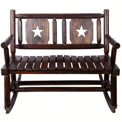 Outdoor Wood Rocking Carbonized Double Rocking Chair 2 Persons with Wide Curved, Porch Rocker Porch, Garden, Backyard, Rustic Brown