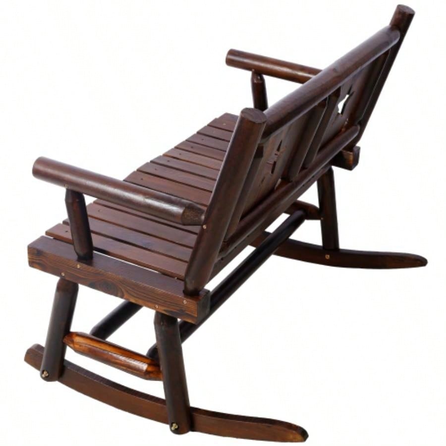 Outdoor Wood Rocking Carbonized Double Rocking Chair 2 Persons with Wide Curved, Porch Rocker Porch, Garden, Backyard, Rustic Brown
