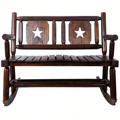 Outdoor Wood Rocking Carbonized Double Rocking Chair 2 Persons with Wide Curved, Porch Rocker Porch, Garden, Backyard, Rustic Brown