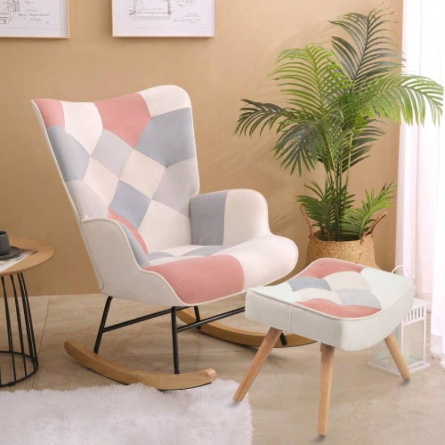 Rocking Chair with ottoman, Mid Fabric Rocker Chair with Wood and Patchwork Linen Livingroom Bedroom