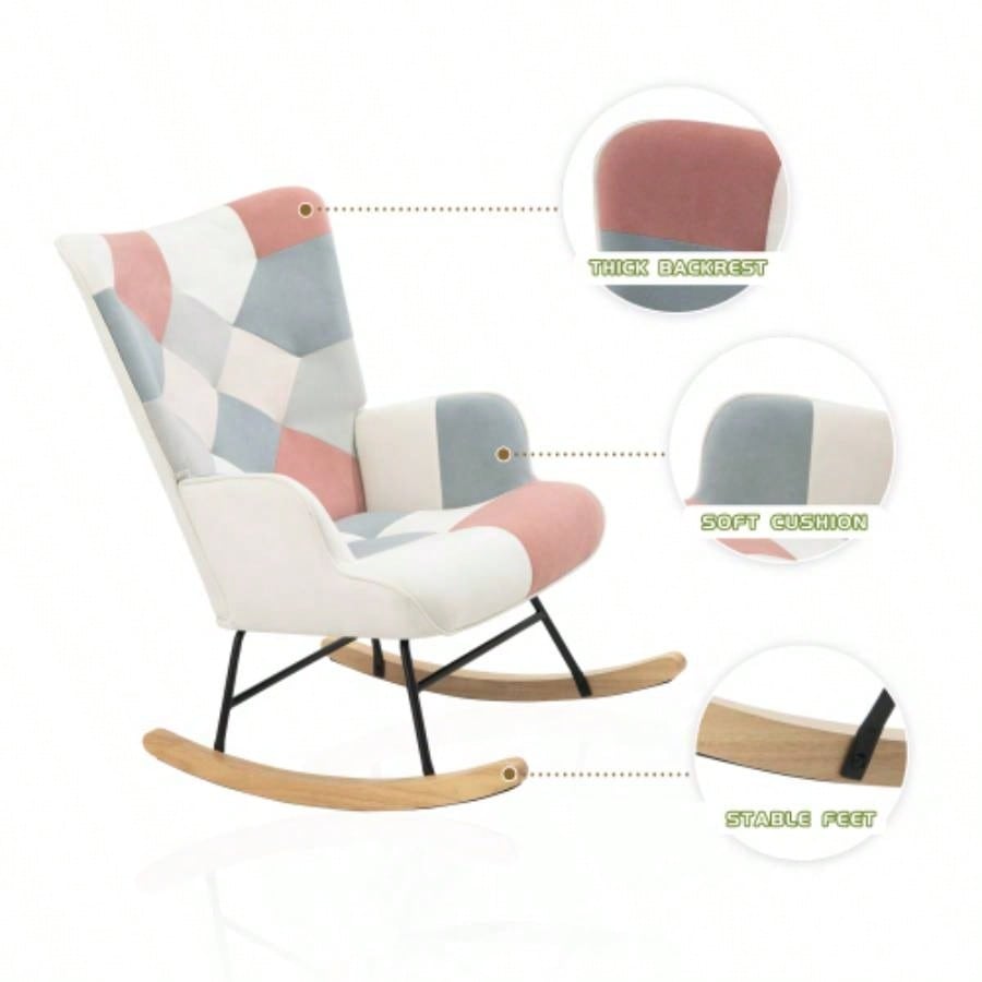 Rocking Chair with ottoman, Mid Fabric Rocker Chair with Wood and Patchwork Linen Livingroom Bedroom