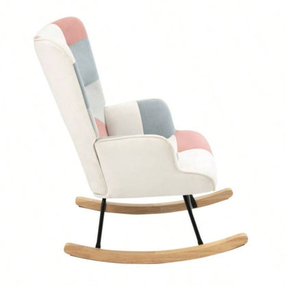 Rocking Chair with ottoman, Mid Fabric Rocker Chair with Wood and Patchwork Linen Livingroom Bedroom