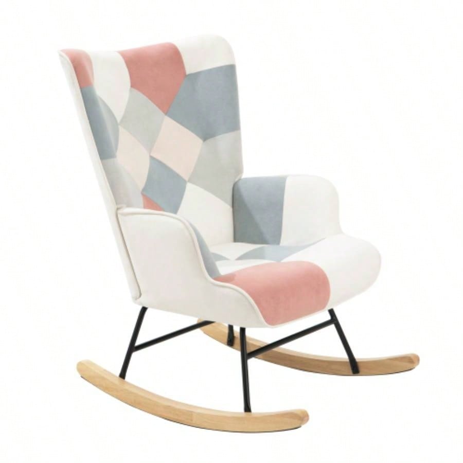 Rocking Chair with ottoman, Mid Fabric Rocker Chair with Wood and Patchwork Linen Livingroom Bedroom