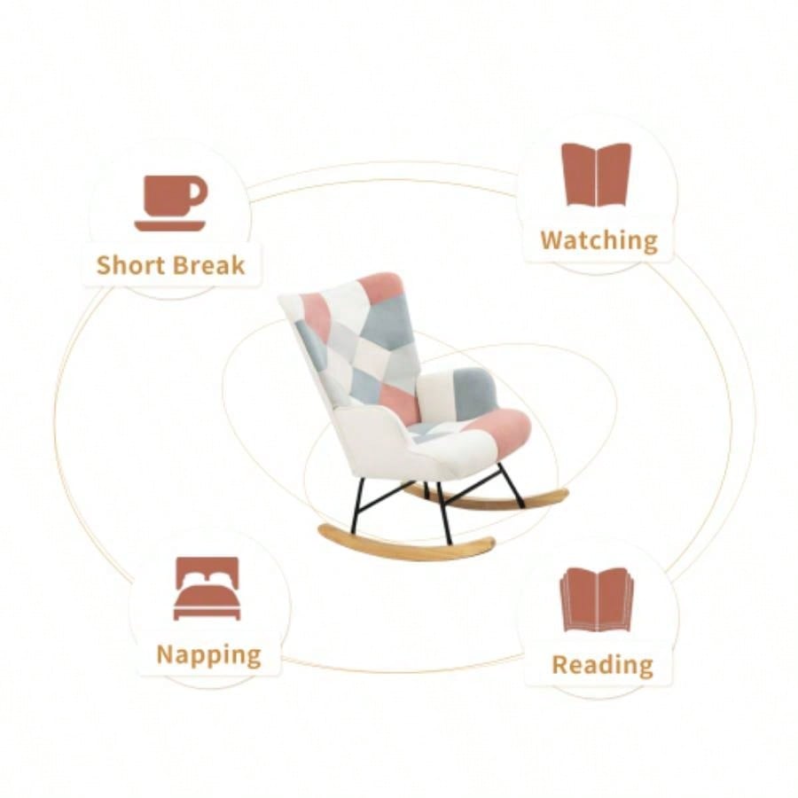 Rocking Chair with ottoman, Mid Fabric Rocker Chair with Wood and Patchwork Linen Livingroom Bedroom