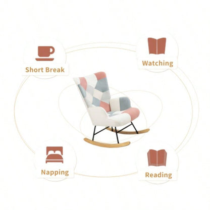 Rocking Chair with ottoman, Mid Fabric Rocker Chair with Wood and Patchwork Linen Livingroom Bedroom