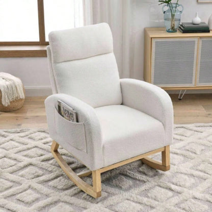 Video Welike 27.6 Modern Accent High Backrest Living Room Lounge Arm Rocking Chair, Two Side Pocket, Teddy White Ivory