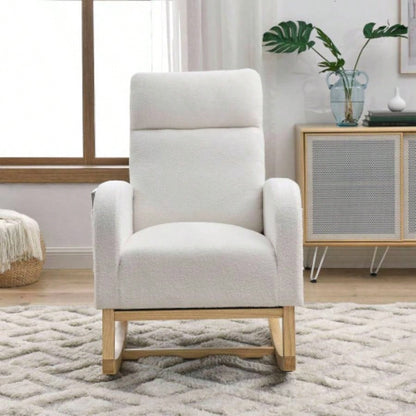 Video Welike 27.6 Modern Accent High Backrest Living Room Lounge Arm Rocking Chair, Two Side Pocket, Teddy White Ivory