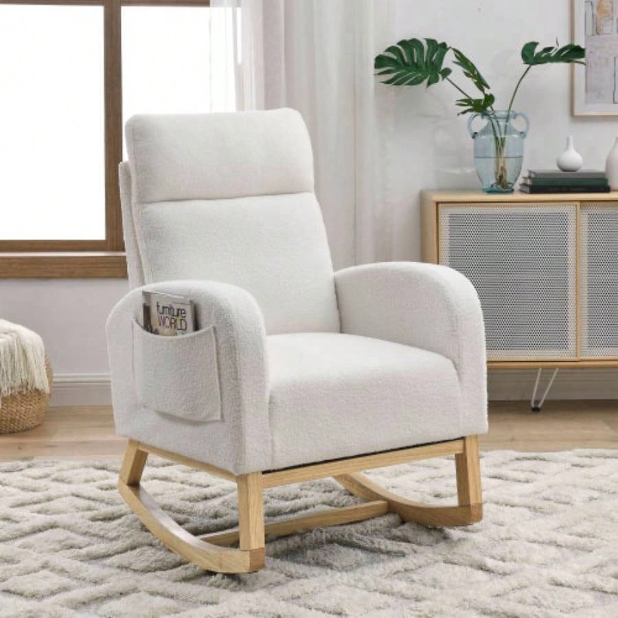 Video Welike 27.6 Modern Accent High Backrest Living Room Lounge Arm Rocking Chair, Two Side Pocket, Teddy White Ivory