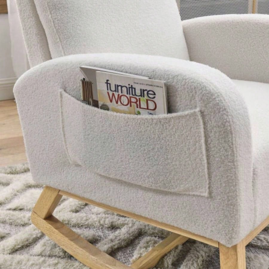 Video Welike 27.6 Modern Accent High Backrest Living Room Lounge Arm Rocking Chair, Two Side Pocket, Teddy White Ivory