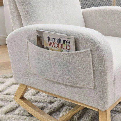 Video Welike 27.6 Modern Accent High Backrest Living Room Lounge Arm Rocking Chair, Two Side Pocket, Teddy White Ivory