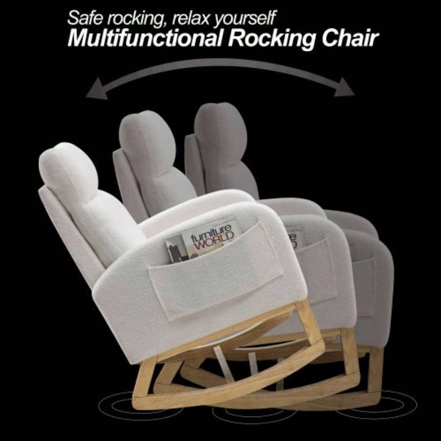 Video Welike 27.6 Modern Accent High Backrest Living Room Lounge Arm Rocking Chair, Two Side Pocket, Teddy White Ivory