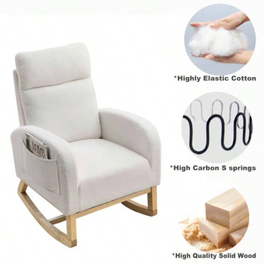 Video Welike 27.6 Modern Accent High Backrest Living Room Lounge Arm Rocking Chair, Two Side Pocket, Teddy White Ivory