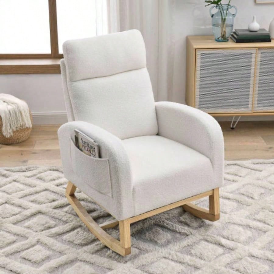 Video Welike 27.6 Modern Accent High Backrest Living Room Lounge Arm Rocking Chair, Two Side Pocket, Teddy White Ivory