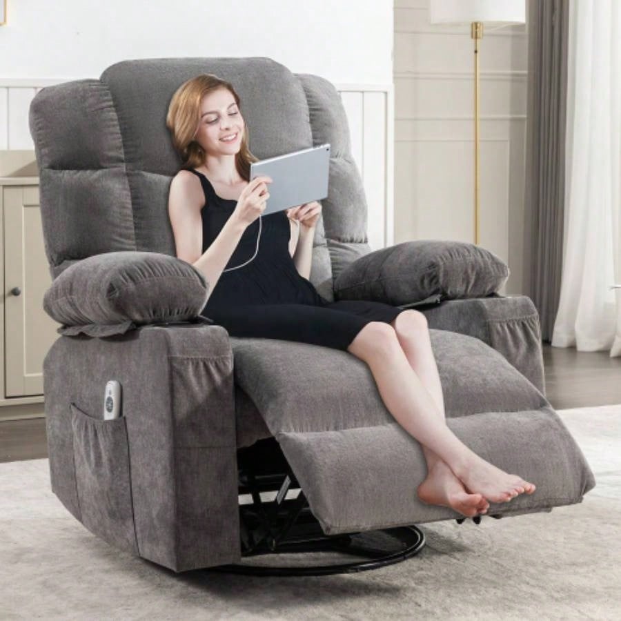 Massage Rocker Recliner Chair Rocking Chairs Adults Oversized with 2 Cup Holders, USB Charge Port Soft Features a Manual Massage and Heat. A+B