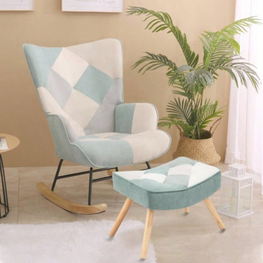 Rocking Chair with ottoman, Mid Fabric Rocker Chair with Wood and Patchwork Linen Livingroom Bedroom