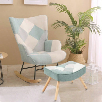 Rocking Chair with ottoman, Mid Fabric Rocker Chair with Wood and Patchwork Linen Livingroom Bedroom