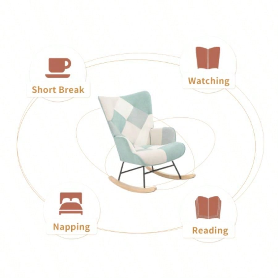 Rocking Chair with ottoman, Mid Fabric Rocker Chair with Wood and Patchwork Linen Livingroom Bedroom