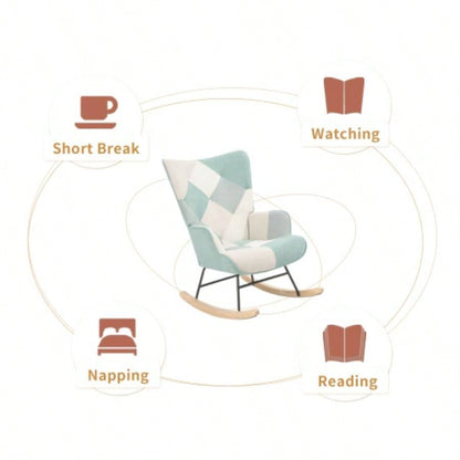 Rocking Chair with ottoman, Mid Fabric Rocker Chair with Wood and Patchwork Linen Livingroom Bedroom
