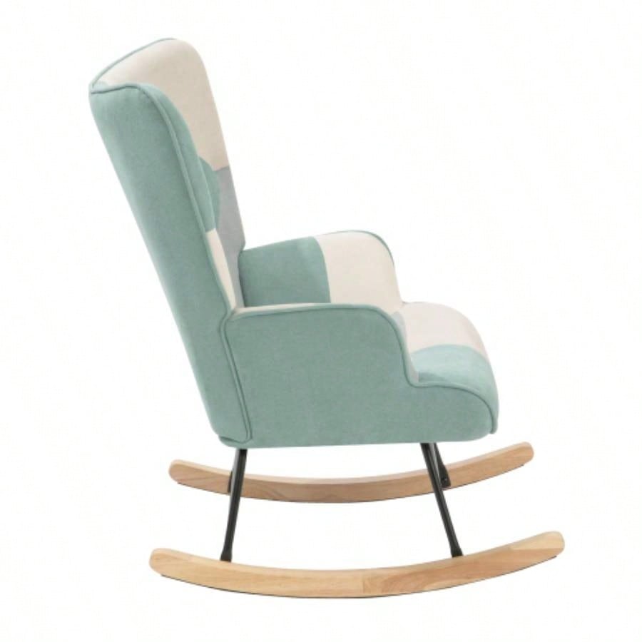 Rocking Chair with ottoman, Mid Fabric Rocker Chair with Wood and Patchwork Linen Livingroom Bedroom