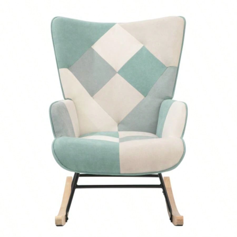 Rocking Chair with ottoman, Mid Fabric Rocker Chair with Wood and Patchwork Linen Livingroom Bedroom