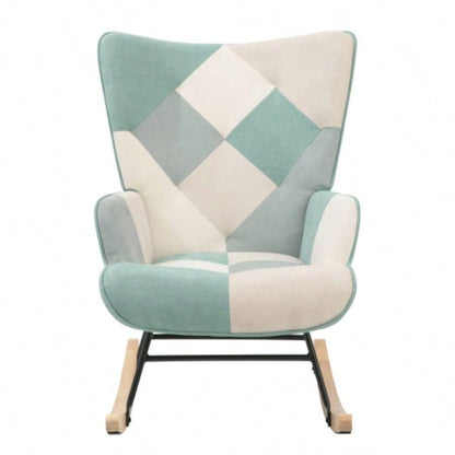 Rocking Chair with ottoman, Mid Fabric Rocker Chair with Wood and Patchwork Linen Livingroom Bedroom