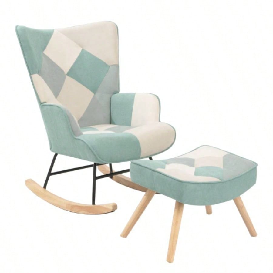 Rocking Chair with ottoman, Mid Fabric Rocker Chair with Wood and Patchwork Linen Livingroom Bedroom