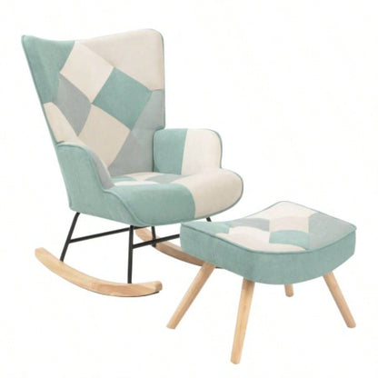 Rocking Chair with ottoman, Mid Fabric Rocker Chair with Wood and Patchwork Linen Livingroom Bedroom