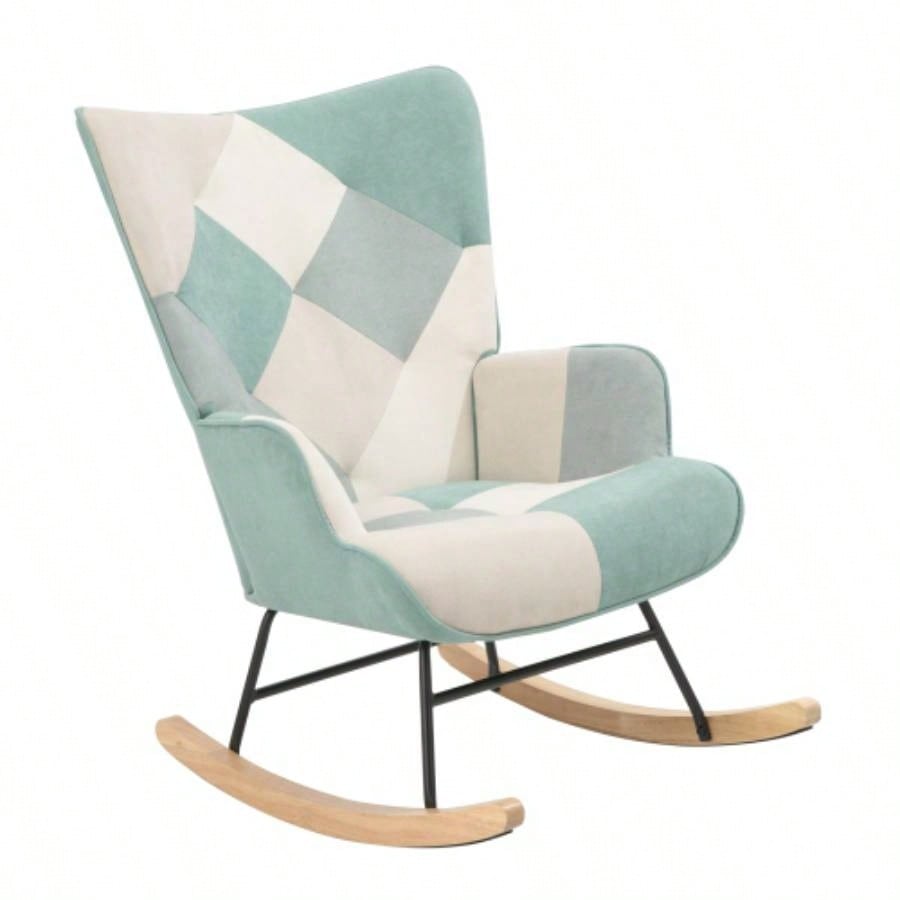 Rocking Chair with ottoman, Mid Fabric Rocker Chair with Wood and Patchwork Linen Livingroom Bedroom