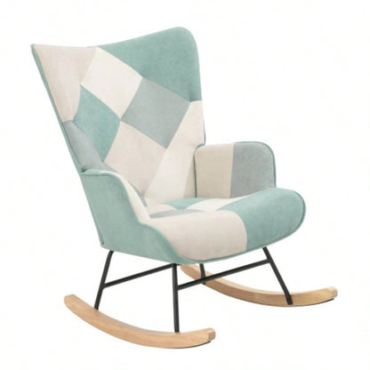 Rocking Chair with ottoman, Mid Fabric Rocker Chair with Wood and Patchwork Linen Livingroom Bedroom
