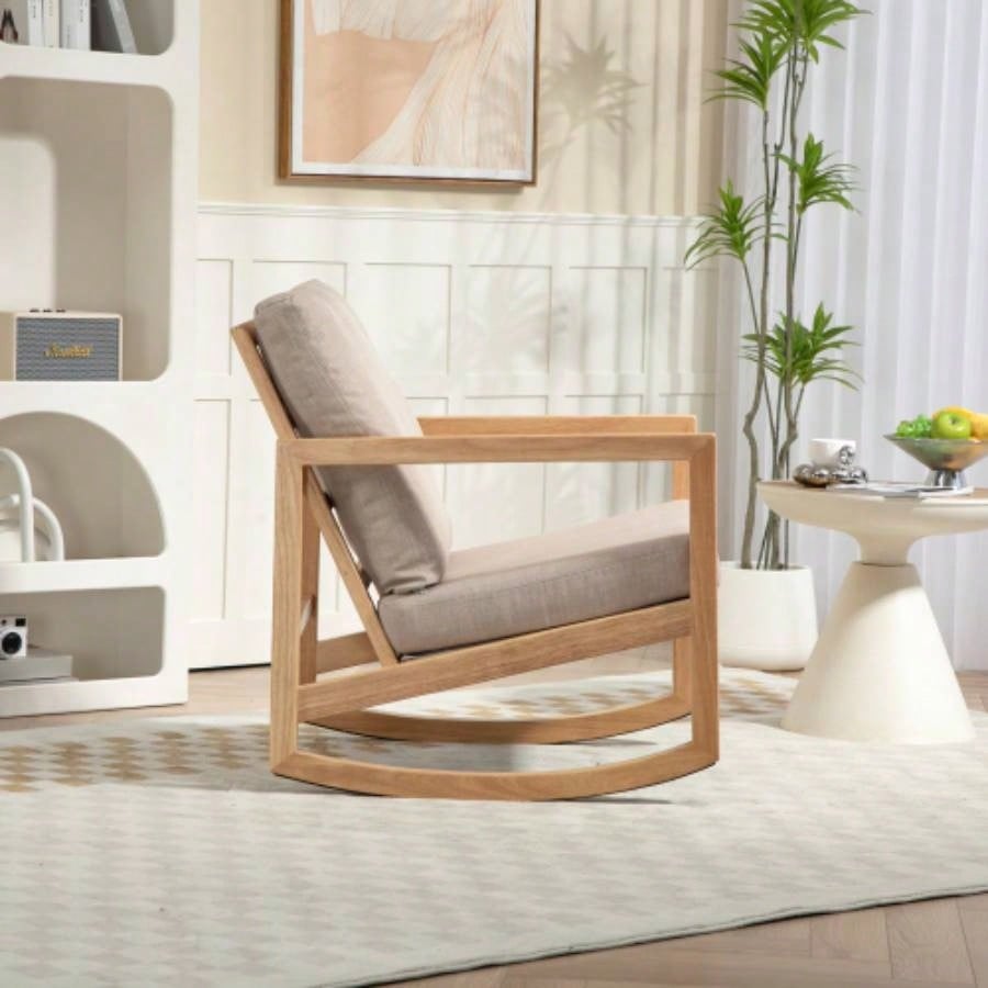 Upholstered Accent Glider Chair, Rubberwood Frame in Natural, Khaki