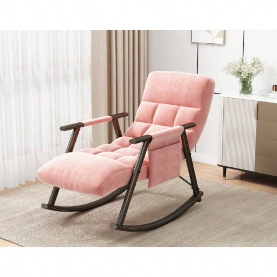 Casual folding rocking chair upholstered, lounge rocking chair adjustable high back and foot rest, side pockets placed in living room bedroom balcony