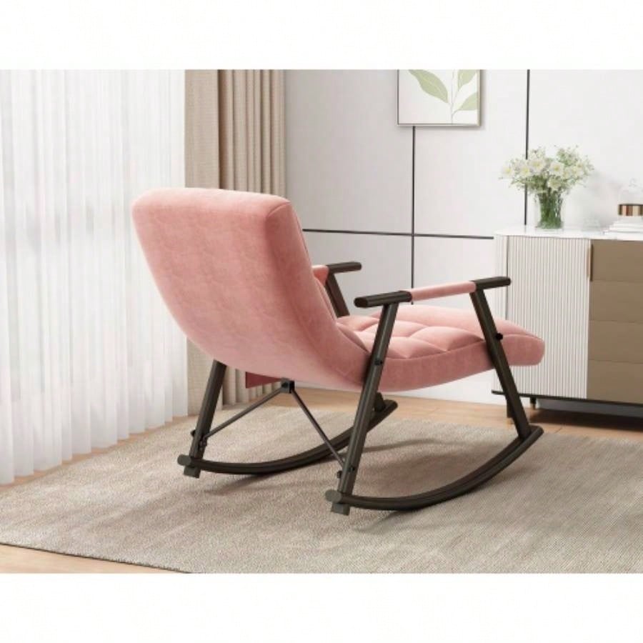 Casual folding rocking chair upholstered, lounge rocking chair adjustable high back and foot rest, side pockets placed in living room bedroom balcony