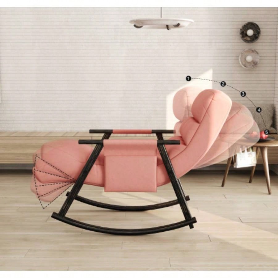 Casual folding rocking chair upholstered, lounge rocking chair adjustable high back and foot rest, side pockets placed in living room bedroom balcony