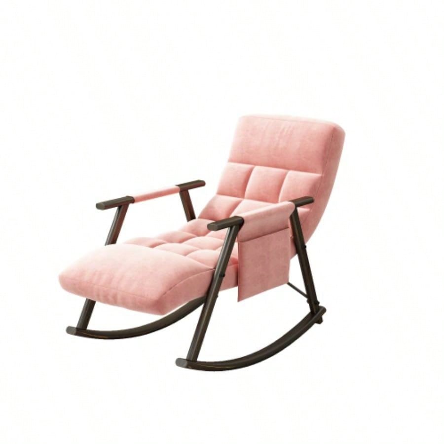 Casual folding rocking chair upholstered, lounge rocking chair adjustable high back and foot rest, side pockets placed in living room bedroom balcony