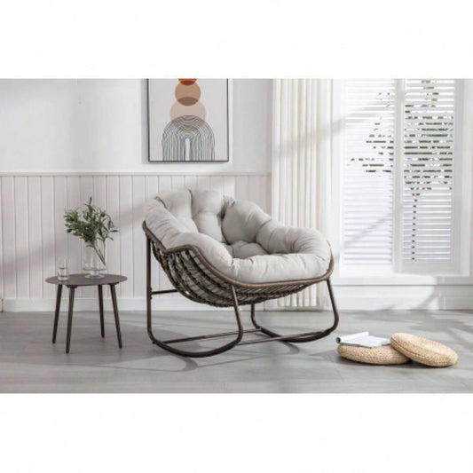 Outdoor Rattan Rocking Chair, Padded Cushion Rocker Recliner Chair Outdoor Front Porch, Living Room, Patio, Garden, Beige