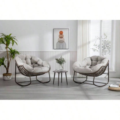 Outdoor Rattan Rocking Chair, Padded Cushion Rocker Recliner Chair Outdoor Front Porch, Living Room, Patio, Garden, Beige
