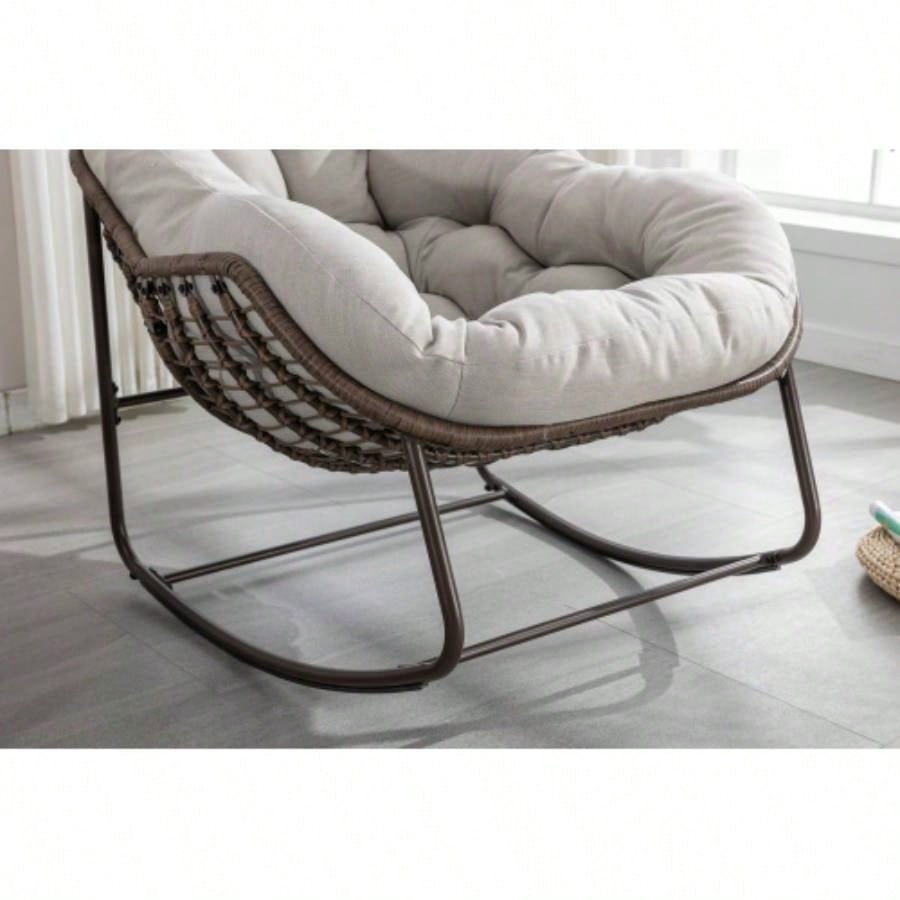 Outdoor Rattan Rocking Chair, Padded Cushion Rocker Recliner Chair Outdoor Front Porch, Living Room, Patio, Garden, Beige