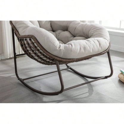 Outdoor Rattan Rocking Chair, Padded Cushion Rocker Recliner Chair Outdoor Front Porch, Living Room, Patio, Garden, Beige