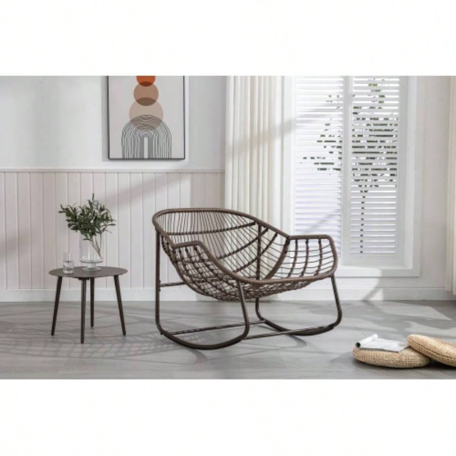 Outdoor Rattan Rocking Chair, Padded Cushion Rocker Recliner Chair Outdoor Front Porch, Living Room, Patio, Garden, Beige