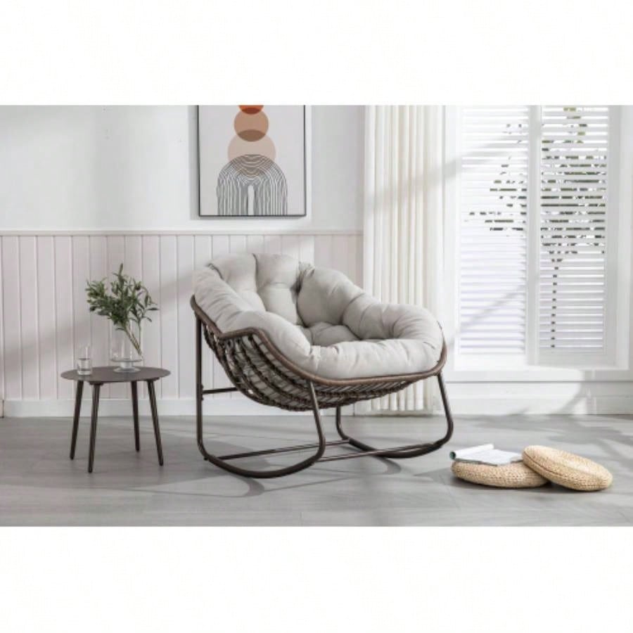 Outdoor Rattan Rocking Chair, Padded Cushion Rocker Recliner Chair Outdoor Front Porch, Living Room, Patio, Garden, Beige
