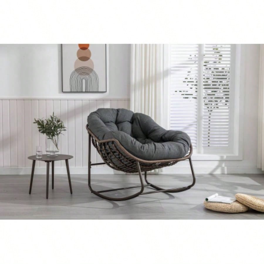 Outdoor Rattan Rocking Chair, Padded Cushion Rocker Recliner Chair Outdoor Front Porch, Living Room, Patio, Garden, Beige