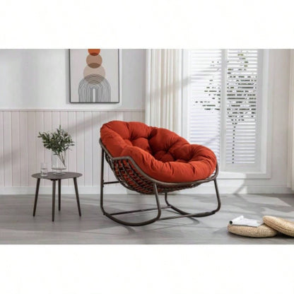 Outdoor Rattan Rocking Chair, Padded Cushion Rocker Recliner Chair Outdoor Front Porch, Living Room, Patio, Garden, Beige