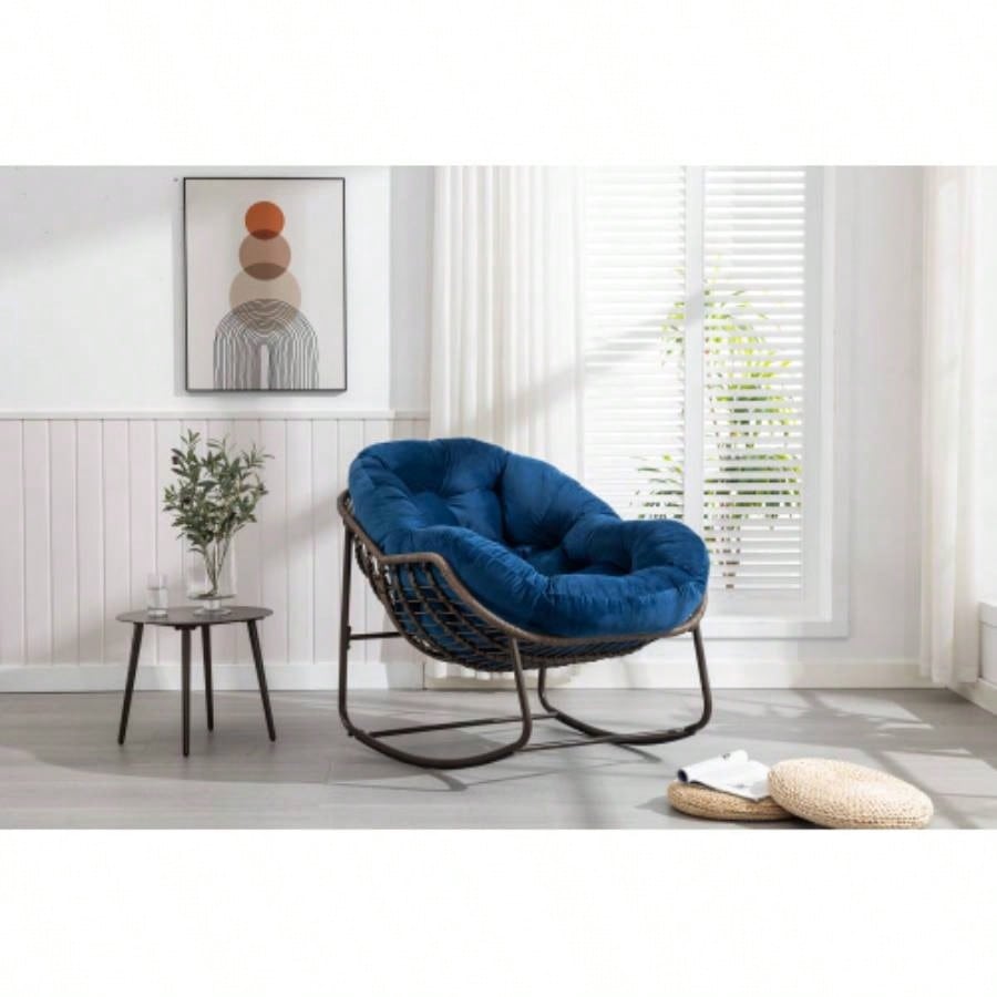 Outdoor Rattan Rocking Chair, Padded Cushion Rocker Recliner Chair Outdoor Front Porch, Living Room, Patio, Garden, Beige