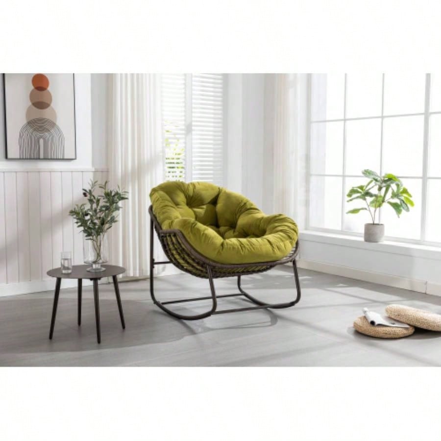 Outdoor Rattan Rocking Chair, Padded Cushion Rocker Recliner Chair Outdoor Front Porch, Living Room, Patio, Garden, Beige