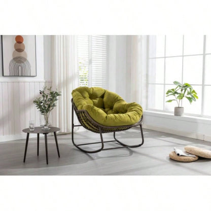 Outdoor Rattan Rocking Chair, Padded Cushion Rocker Recliner Chair Outdoor Front Porch, Living Room, Patio, Garden, Beige