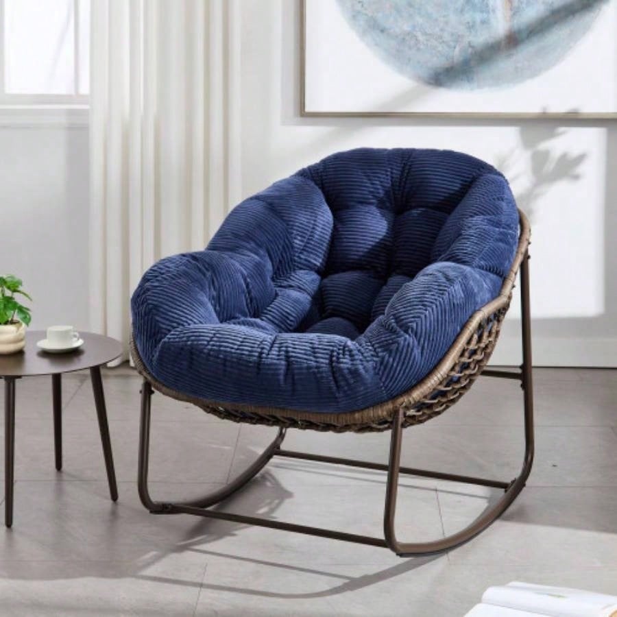 Outdoor Rattan Rocking Chair, Padded Cushion Rocker Recliner Chair Outdoor Front Porch, Living Room, Patio, Garden, Beige