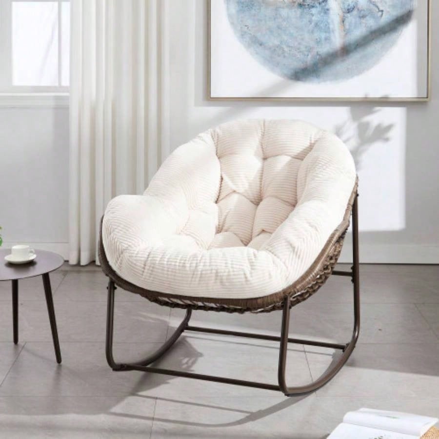 Outdoor Rattan Rocking Chair, Padded Cushion Rocker Recliner Chair Outdoor Front Porch, Living Room, Patio, Garden, Beige