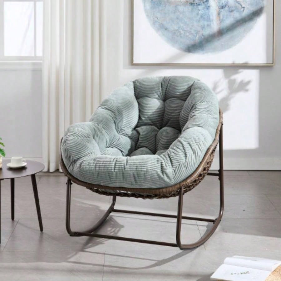 Outdoor Rattan Rocking Chair, Padded Cushion Rocker Recliner Chair Outdoor Front Porch, Living Room, Patio, Garden, Beige