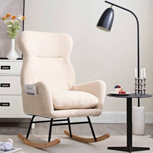 Modern Rocking Chair with High Backrest, Teddy Material Comfort Arm Rocker, Lounge Armchair Living Room