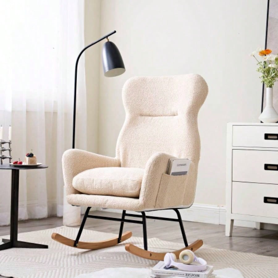 Modern Rocking Chair with High Backrest, Teddy Material Comfort Arm Rocker, Lounge Armchair Living Room